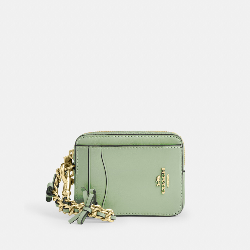 NEW Coach Zip Card Case With Bow Chain in Gold/ Light Pistachio